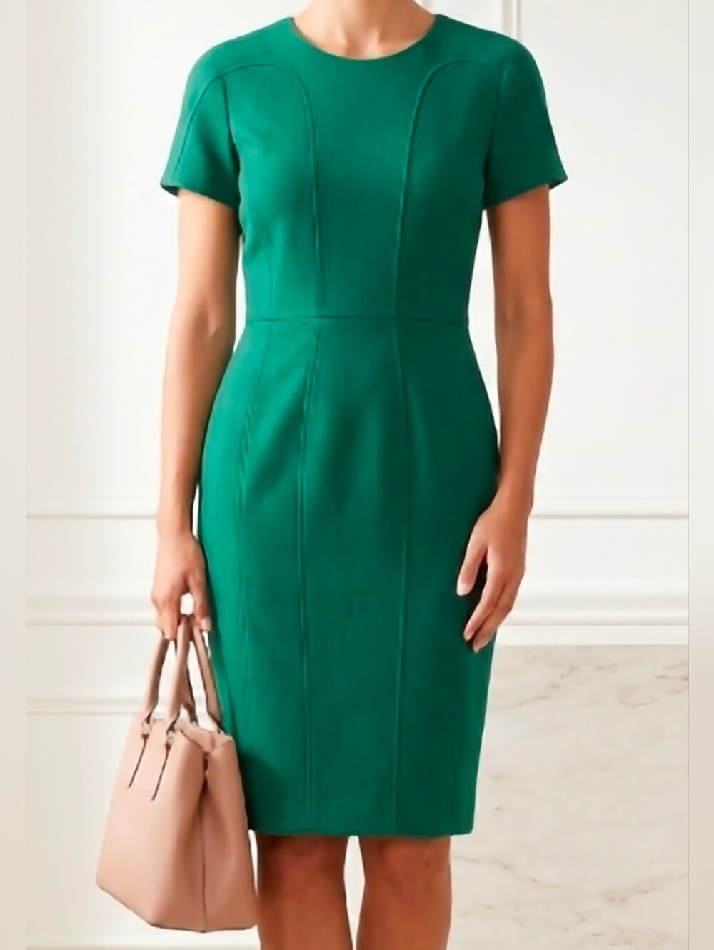 Vince Camuto Emerald Green Short-Sleeve Midi Sheath Dress